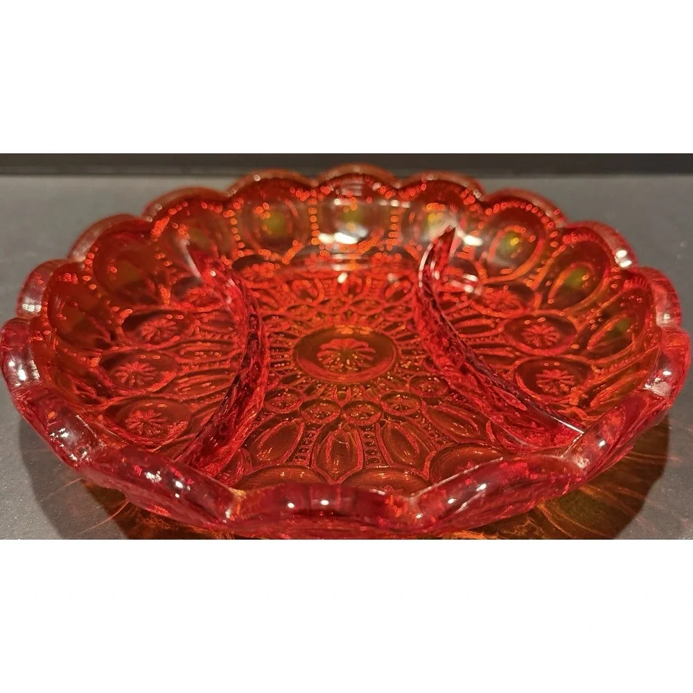 Vintage Moon and Star Amberina Glass Relish Dish 3 Part‎ Divided Server Red
